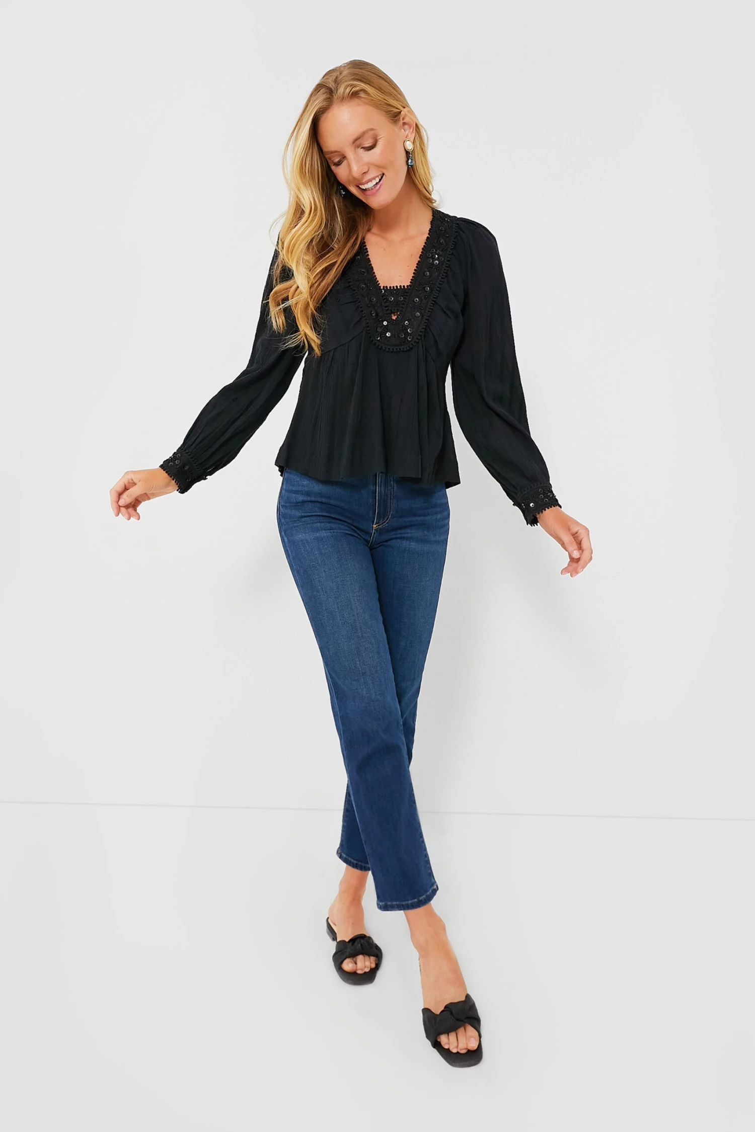 Black Charlotte Embroidery Long Sleeve Top - Image 2