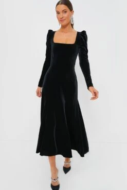 Ganni Black Velvet Jersey Puff Sleeve Maxi Dress