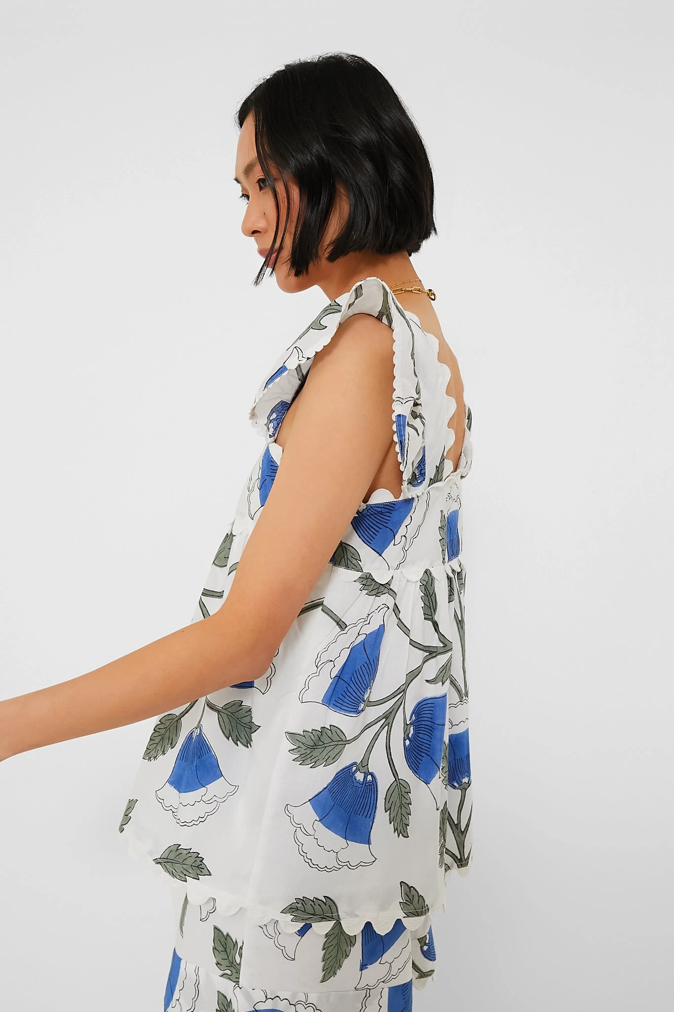 White And Klein Blue Baby Doll Top With Bellflower Blockprint - Image 3