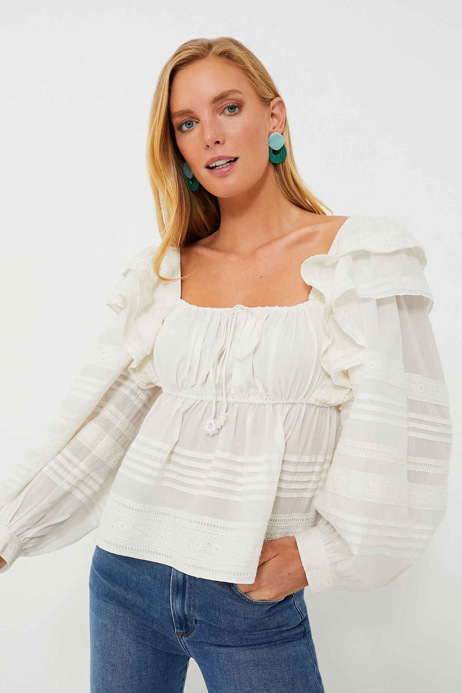 Farm Rio Off-White Squared Neckline Long Sleeve Blouse