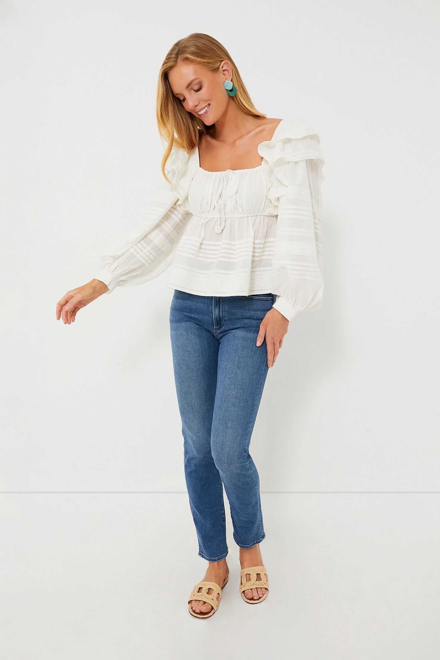 Farm Rio Off-White Squared Neckline Long Sleeve Blouse - Image 6