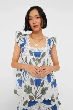 White And Klein Blue Baby Doll Top With Bellflower Blockprint