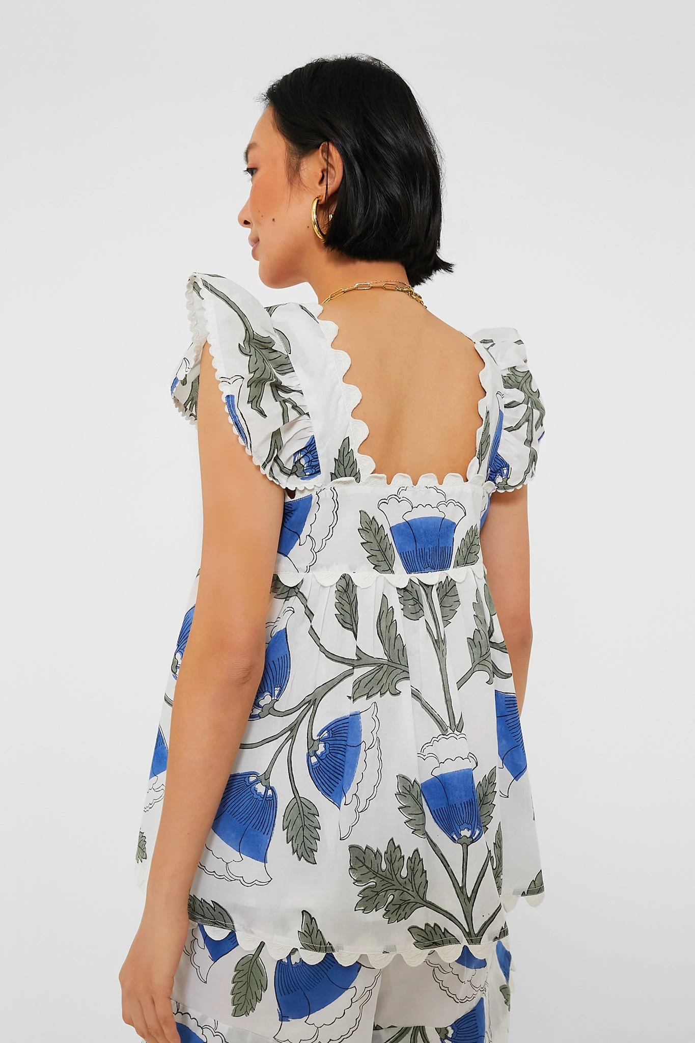 White And Klein Blue Baby Doll Top With Bellflower Blockprint - Image 4