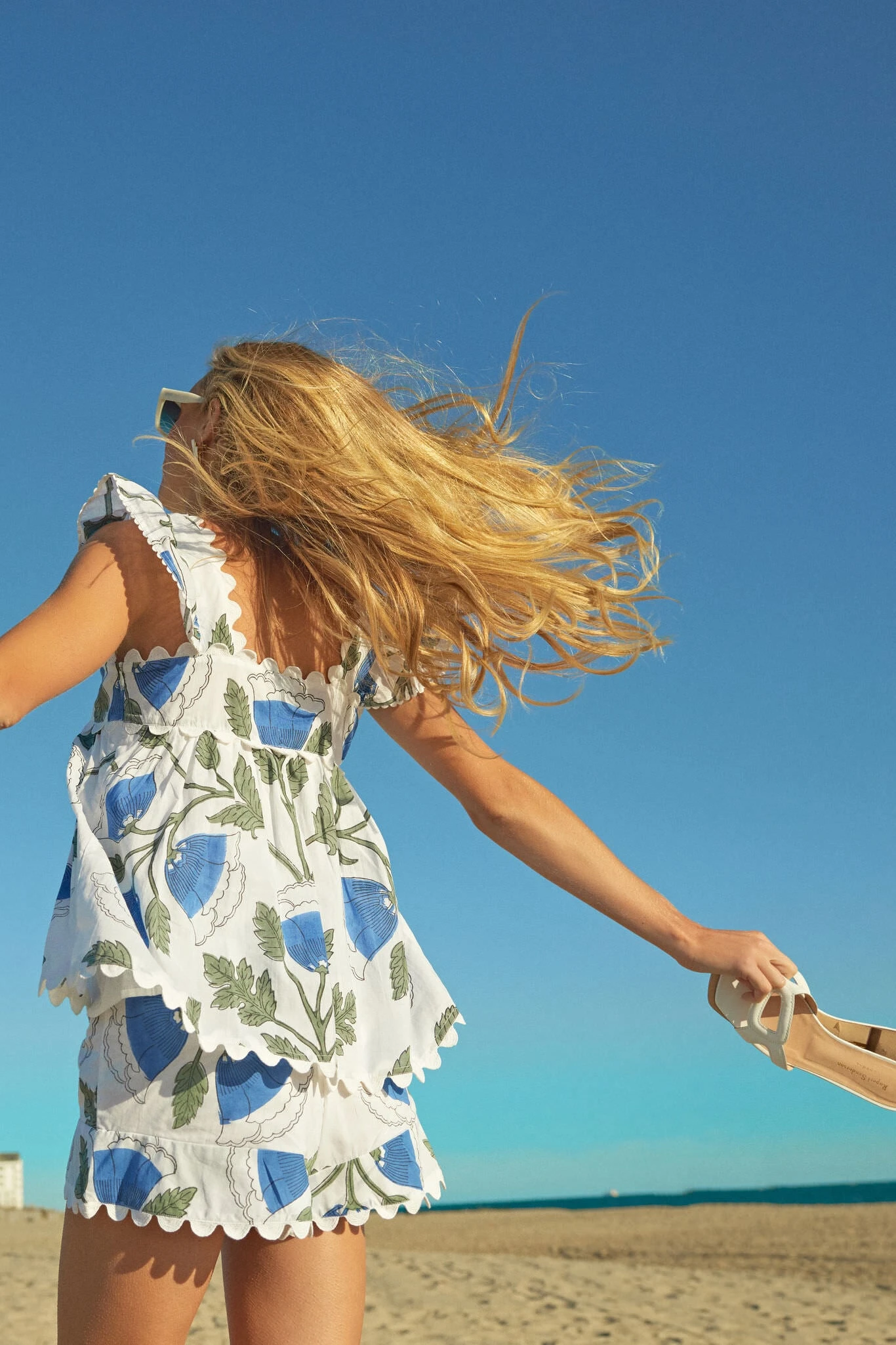 White And Klein Blue Baby Doll Top With Bellflower Blockprint - Image 8
