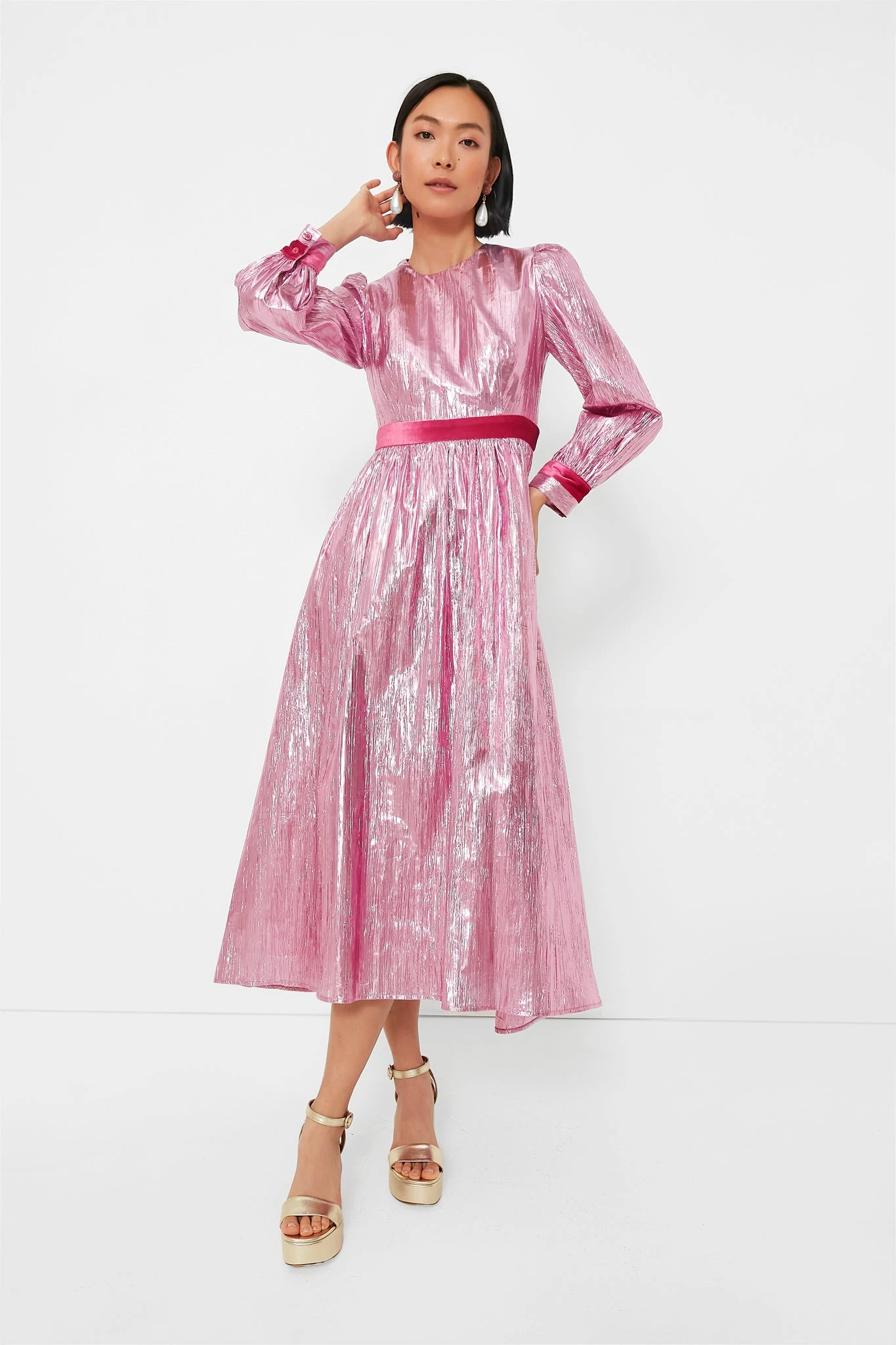 Pink Metallic Plisse Eloise Midi Dress