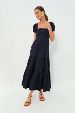 Tory Burch Medium Navy Smocked Cotton Dress