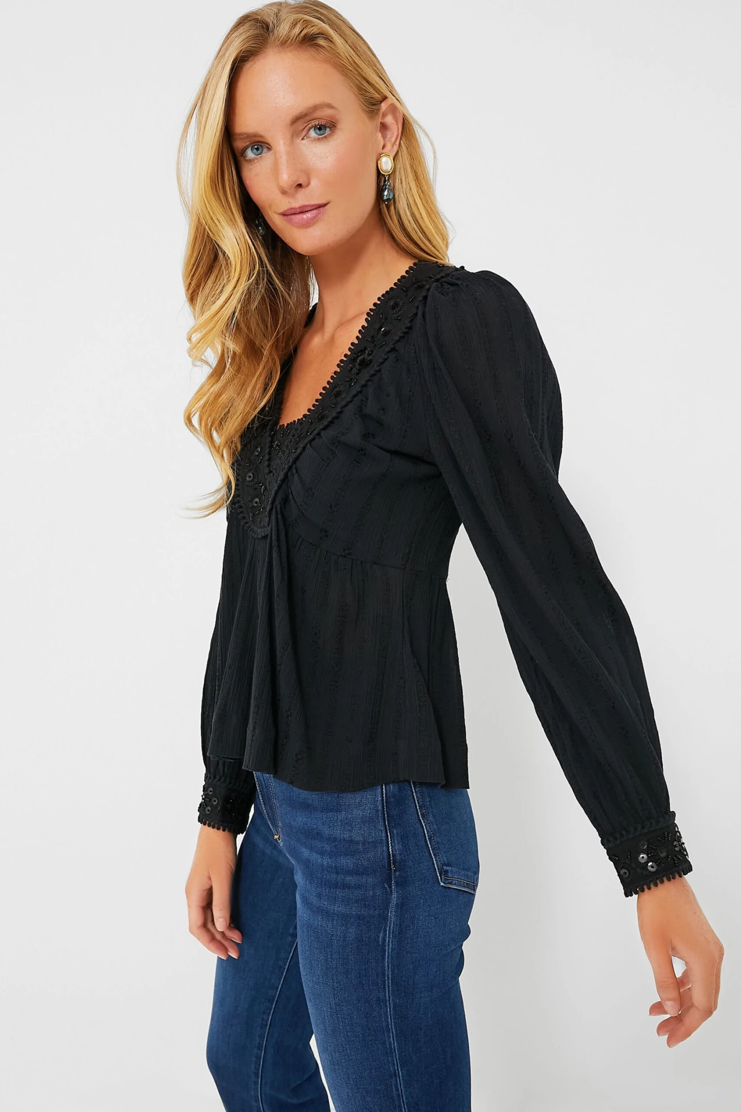 Black Charlotte Embroidery Long Sleeve Top - Image 3