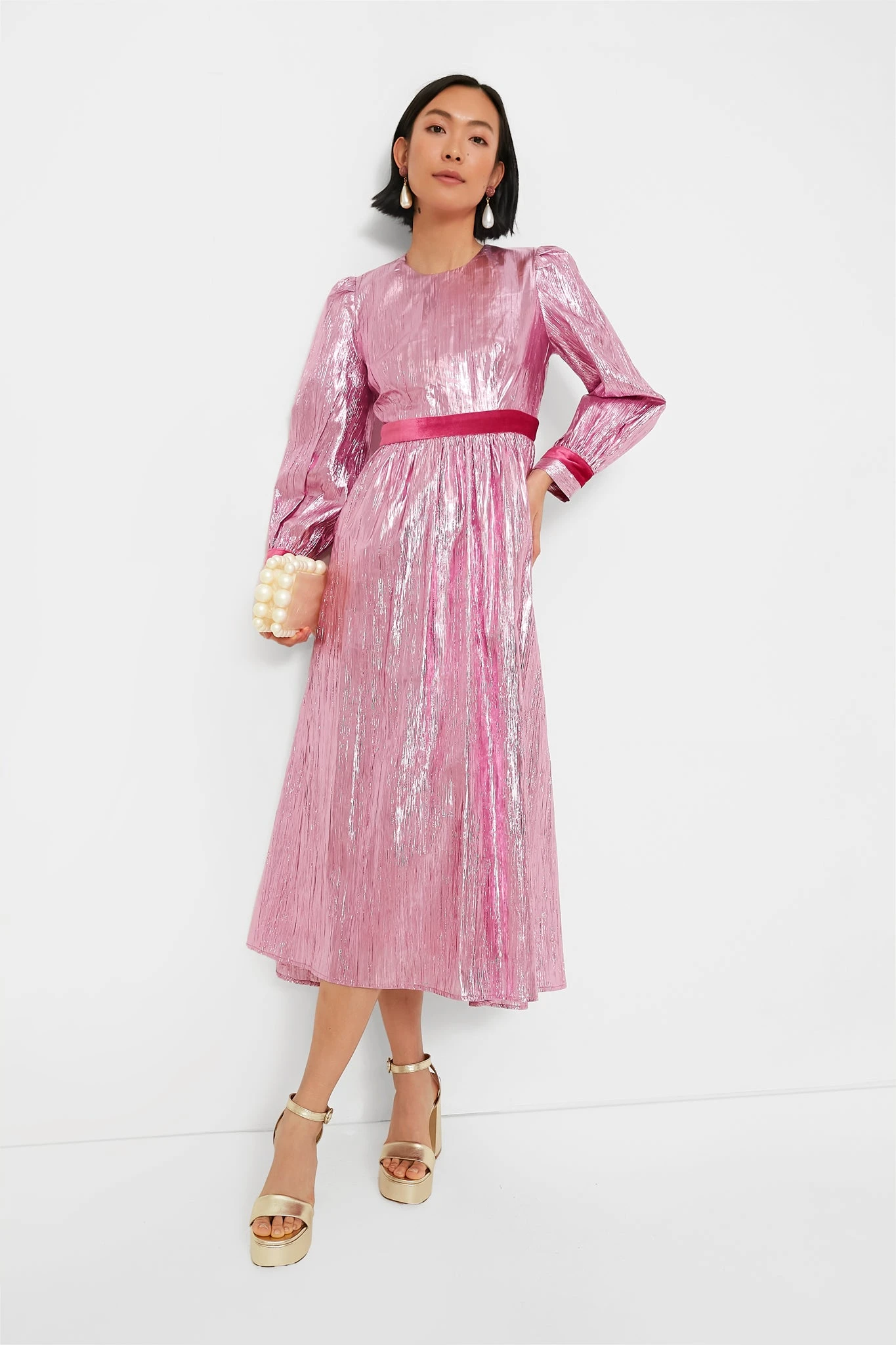 Pink Metallic Plisse Eloise Midi Dress - Image 6